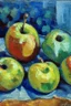 Placeholder: Abstract impasto oil painting of an apples on a table cezanne