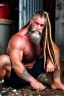 Placeholder: full figure shot frontal photography of a 58 year old dirty burly beefy gipsy carpenter wet sweat , tattoo, bullneck, long curly white beard , dreadlocks, manly chest, short white boxer, bulge, under the sun, sitting in the garbage outside an abandoned warehouse, misery and poverty, open legs, photorealistic, look at camera, very detailed , view from the ground , ambient occlusion