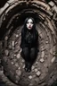 Placeholder: Closeup tall Girl goth with big eyes, ragged clothes, fullbody, claustrophobic really, crushed inside, the perspective looking up from the bottom of an empty well , 8k,macro photography,