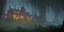 Placeholder: Ruined overgrown small castle in a dense forest, dynamic lighting, night, misty