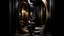 Placeholder: Female portrait in a floating black minimalist frame, surrealist room design with impossibly curved walls, art deco mirror fragmenting reality into multiple dimensions, sculptural furniture with organic shapes, dramatic lighting from hidden sources, play of reflections between the portrait and the mirror, fantasy architecture style