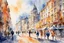 Placeholder: beautiful watercolor painting of famous structures, european cities, and buildings, people on the street, 16k, ultra HD, sunlight