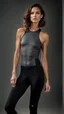 Placeholder: photography of a beautiful anorexic woman, anthracite satin triathlon top, sports illustrated, brunette short wavy bob haircut, pronounced sternum, flat chest, anthracite short leggins