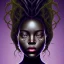 Placeholder: Painting .the face of A young black woman. A wood nymph emerging from the forest. Her hair looks like vines. Dreadlocs. Her skin is the colour of dark soil. Her skin looks like tree bark. Her clothing is made of vines, grass and leaves.