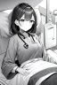 Placeholder: girl in bed, hospital patient room, greyscale