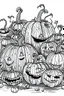 Placeholder: A spooky pumpkin patch with Jack-o'-lanterns of different sizes and expressions.. Outline, sketch style, only use outline, mandala style, clean line art, white background, no shadows, no clear wall, coloring page.