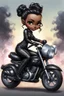 Placeholder: Create a digital airbrush illustration of a chibi cartoon full figure black female riding a sports motorcycle. She is wearing tie dye and black tights with biker boots. Prominent make up with log lashes and hazel eyes. Extremely highly detailed black shiny wavy hair up in a messy bun. Background of smoke surrounding her and the bike and she's at a bike show.