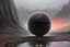 Placeholder: grey sky, planet in the sky, puddle, sci-fi, landscape, mountains, galactic cosmic influence