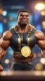 Placeholder: black hunk Abobo from double dragon holding up a dog sized golden coin with a print of himself ,bokeh like f/0.8, tilt-shift lens 8k, high detail, smooth render, down-light, unreal engine, prize winning