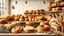 Placeholder: A plan for a bakery shop with a kitchen full of fancy breads, including baguettes, toasts, sandwiches, hamburgers, shirmal, dumplings, toast, toast, bagel, banana, bread steak, brioche, brownie, ciabatta, corn, pita, pretzel, pumpernickel. , rye, sourdough, tortilla, white, and whole wheat and wheat ears and sesame seeds in the picture