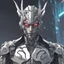 Placeholder: silver skinned anime Dragman cyberpunk with dragon mask in his eyes