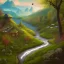 Placeholder: Nature, hills, river, trees, birds flying over mountain,illustration.