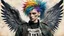 Placeholder: background torn newspaper, beautiful Punk, Angel 35 years old, wings, portrait, military clothing, mystical, bright colors, creative hairstyle, photorealistic image, fine rendering, high detail, 8K