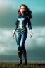 Placeholder: retro portrait image from 1960, sky background, wind, long red hair, fighting stance, sweet young Scarlett Johansson, black dress, classic long tight lycra black suit, gold bracelet and belt, high heel boots, superhero style, soft color, highly detailed, unreal engine 5, ray tracing, RTX, lumen lighting, ultra detail, volumetric lighting, 3d, finely drawn, high definition, high resolution.