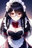 Placeholder: girl, masterpiece, best quality, volumetric lighting, detailed outfit, perfect eyes, long hair, black hair, red eyes, glasses, bowing, maid,