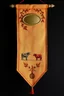 Placeholder: an autumn colored textured cloth banner hanging with embroidered ornamental leaves and cows, small blank oval brass engraving plate in upper middle, banner is downward pointed bottom, on dark background