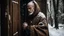 Placeholder: A weathered wooden door slightly ajar in a snow-covered forest during winter, a middle-aged Caucasian monk in brown robes pauses, tempted, at the threshold, snowflakes gently falling.