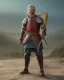 Placeholder: strong medieval warrior with short blond hair, blue eyes and wide warm smile with an axe wearing brown and green clothes