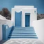 Placeholder: Minimalist abstract cyanotype photo of stairs outside a Greek house