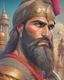 Placeholder: Mesopotamian warrior, expression serious, aura, portrait, background Mesopotamian city, comic style, long beard,