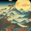 Placeholder: Ukiyo-e art, dragon center of the picture, mountains and sun in the background