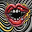 Placeholder: Surreal digital illustration of only a floating mouth that is puking out a psychedelic lovesick hearts covered in spit, spilling from the large pair of cartoonist , overexaggerated lips, manga inspired, absurdist, postmodern, only black and grey color palette, crude, fluid acrylic paint, epoxy resin , acrylic pour, unusual colors, trippy, gross, abstract, pulp fiction art style illustration, behance, grotesque, lovesick, hearts scattered covered in puke high quality inverted colors