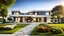 Placeholder: big beautiful modern villa with a large garden and grass and flowers in front and stone pavements