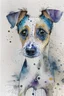 Placeholder: Abstract wet watercolour of the head of a long coated coated jack Russell, ink lines, interlinked circles, detailed,focus on eyes, watercolour paper