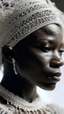 Placeholder: A shot of a queen of the African tribes all in white head out of a white spider web, intricate details, soft natural light, screen captured from 4K Blu-ray. All white background
