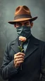 Placeholder: Van Gogh styles , a handsome gentleman covering his face with a mask and wearing nice hat ,front view holding a flower and give it to you looking at you In foggy smoky background