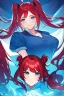 Placeholder: girl with red hair in two ponytails, blue eyes, makeup on her face, flirty look, blue shirt