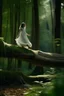 Placeholder: figure of a girl, dressed in a gauze nightgown, levitating on a trunk, in a very lush forest, cinematographic image, foreground,