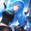 Placeholder: Clear focus,High resolution, Vibrant short blue hair, Vibrant blue eyes, Wearing a black short skirt,black crop top sleevelss,blue cut sleeves,black fingerless gloves, Smiling,Long bangs