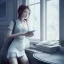 Placeholder: female student studying by the window, anime style,perfect face, cool face, ultra detail, unreal engine 5, cinema4d, sun light, studio lighting --ar 1:1 --v 4