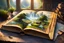 Placeholder: Centered, a beautiful old big book open on a wooden table, magical landscape pictures on the pages of the book rising up and coming to life, detailed painting, deep color, fantastical, complementary colors, fantasy concept art, 8k resolution trending on Artstation Unreal Engine 5 ethereal fantasy hyper detailed mist Thomas Kinkade