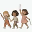 Placeholder: children joyfully walking. Left most child is carrying a parade leader's staff wrapped in ribbon. Right most child is holding batons. improve quality but maintain style.