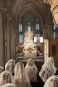 Placeholder: 7 sisters wearing lace veil praying in church.cinematic