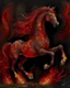 Placeholder: A dark red fire elemental horse designed in Heidrun manuscripts painted by Claude Monet