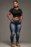 Placeholder: Create a digital image of a curvy black female wearing tight cut up jeans and a black tshirt with timberland boots. Prominent make up with hazel eyes. Highly detail two cornrows going down her head.