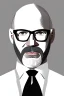 Placeholder: black and white,real estate agent,bald male with grey beard,55 years old,glasses,, necktie,portly,detailed drawing,white background