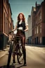 Placeholder: full-height portrait of a woman with straight shoulder-length auburn hair, with metal arms and legs, dressed in leather trousers, and a waistcoat, in a Victorian street next to a steampunk bike blue sky