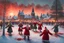 Placeholder: Santa Claus and his elves dancing on a square in Stockholm with Hundreds of People from Sweden in traditional folk costumes, decapitated heads on ground with blood from Stockholms blood bath incident, Snowy weather, The town Stockholm in background, Christmas spruce trees with glowing swastikas hanging, Sunset view of the park Skansen, Simon Stålenhag paint style,