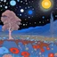 Placeholder: Colourful, peaceful, Max Ernst, Vincent Ban Gogh, night sky filled with galaxies and stars, rocks, trees, flowers, one-line drawing, sharp focus, 8k, deep 3d field, intricate, ornate