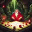 Placeholder: Image of Anime {Dungeon Master, old man, white skin, bald head, red clothes, long white beard, rpg game dices, luminous dices floating in the air, cave environment}