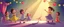Placeholder: illustration of preschool children playing and dancing. fantastic lighting, chaabi children's book proportions