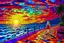 Placeholder: create a vibrant mosaic seaside promenade at sunrise, dazzling rainbow-colored tile path, glowing stained glass sun rising over a dynamic blue sea, wild stained glass sky in purples, oranges, and reds, a blonde girl walking with her dog along the path, vivid explosive colors --ar 3:2 --v 7 --style raw