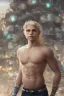 Placeholder: full body image of a beautiful 12 year old arabic boy with long, blonde curly hair and light blue eyes, smiling, shirtless, in front of a distant dystopian city