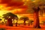 Placeholder: An orange colored clearing with baobab trees designed in ancient Egyptian architectures and sculptures painted by Gustave Courbet