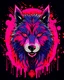 Placeholder: A menacing evil ninja wolf with a t-shirt design of dark magic and red splashes, rendered in the style of Studio Ghibli with pastel tetradic colors.