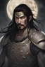 Placeholder: Generate a medieval character portrait of a male aasimar warrior that looks like an asian man with scant facial hair blessed by the moon goddess Selûne. He has long black hair and glowing eyes and is surrounded by holy light. He has a crescent moon tatooed on his face. He uses a battle hammer and a shield.